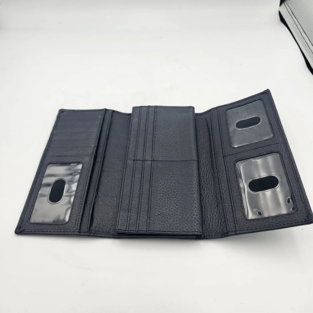 Estalon Pebbled‎ Leather RFID Long Wallet Trifold Snap Closure - Navy Blue